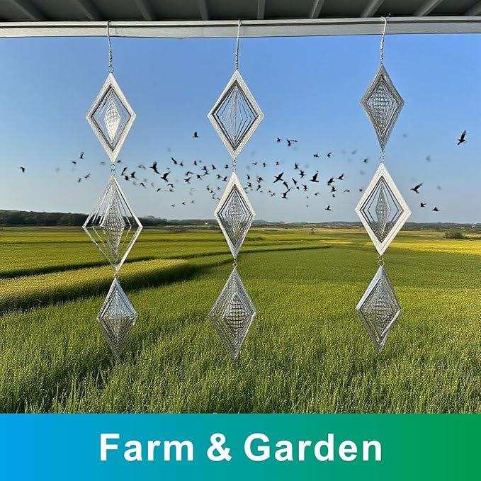 Shiny Metal Bird Reflectors Wind Spinners 360° Wind-Spinning Quiet Reflective Bird Deterrent Decor for Small Yard Orchard Bird-Prone Areas (Diamond-Shaped/Silver / 9 Pcs / 3 Set)
