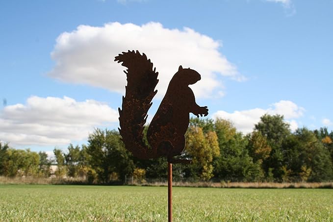 Animal Wildlife Style Steel Rustic or Powder Coated Metal Yard Stake (Squirrel 20" Tall Including Stake, Naturally Rusted)