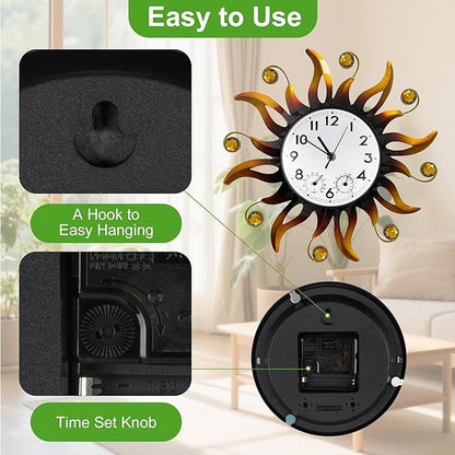 Outable Sun Outdoor Clock Silent No-Ticking Outdoor Clocks Waterproof Decorative Outdoor Clock Thermometer Combo for Patio Garden Outside Decor 13 Inch
