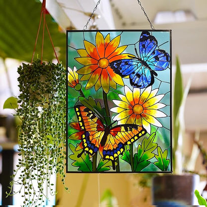 VinSees Large 15 * 11 Inch Butterfly Stained Glass Windows Hanging, Glass Panel and Metal Chains,Large Size Sun Catchers for Windows Hanging. Butterfly Wall Decorations for Balcony or Yard.