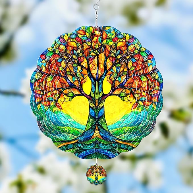 GENANY Tree of Life Hanging Wind Spinners for Women Men, 12 Inch Metal 3D, Stainless Steel Hanging Wind Catchers Sculpture for Outside, Outdoor Spring Decoration, Unique Gift