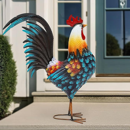 32" Large Metal Rooster Yard Decor, Outdoor Garden Statues, Metal Chicken Sculpture for Backyard Patio Kitchen Living Room Decor