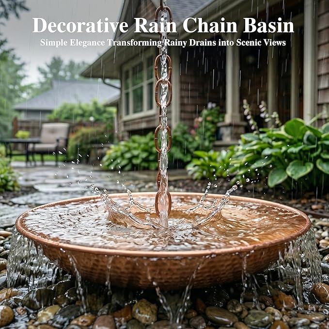 Rain Chain Basin, Anchoring Basin for Rain Chain, Metal Bowl for Rain Chain Downspout Gutters, Rain Basin for Outdoor Garden, Lawn & Patio Water Feature, 11 Inches Diameter, Gold