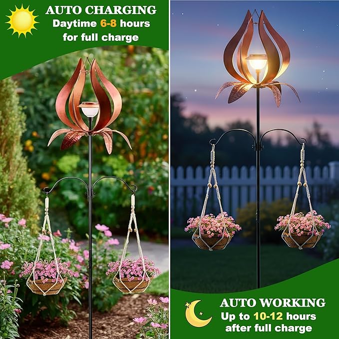 Multi-Functional Yard Wind Spinners with Solar Lights Outdoor Garden,YNGFIL Large Ornaments Outdoor with Double Shepherds Hooks and Coconut Fiber Liner Hanging Planters (83 in)