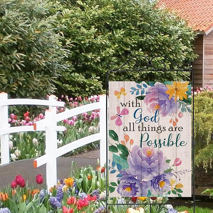 Artofy with God All Things are Possible Christian Large Decorative House Flag, Spring Summer Religious Purple Peony Flower Yard Garden Outside Decor, Inspirational Farm Outdoor Home Decoration 28 x 40
