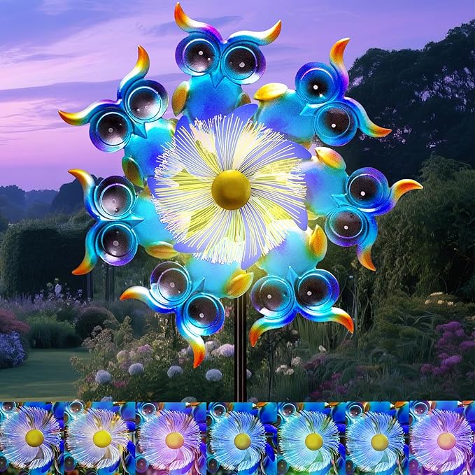 Solar Owls Wind Spinners for Yard and Garden,51 Inch Solar Windmill Seven Color LED Light Whirligig Kinetic Spinner to Scare Birds Decor for Lawn, Patio,Owl Gift Metal Wind Outdoor Sculpture