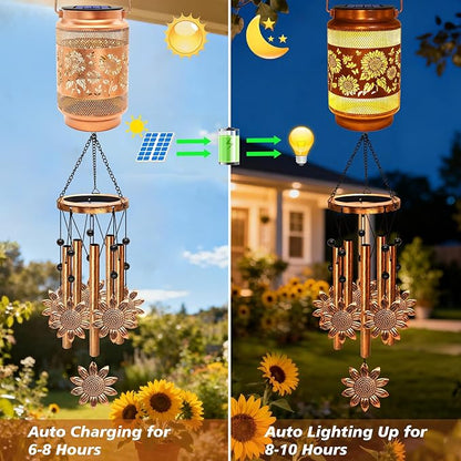 Sunflower Solar Wind Chimes for Outside, Gifts for Mothers Day Mom Women Grandma Birthday Memorial Teacher, 32" Windchimes Outdoor Decor Hanging Solar Lantern for Garden Porch Patio Backyard