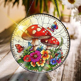 Bimkole Mushroom Stained Glass Suncatcher Window Hanging - Flowers Design for Indoor Window or Doorway Decoration - 7.87x7.87 inch with Chain and Hook - Unique Home Decor Gift