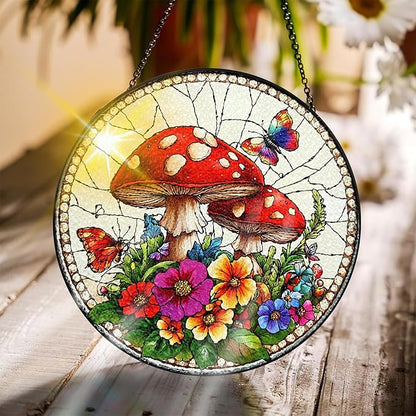 Bimkole Mushroom Stained Glass Suncatcher Window Hanging - Flowers Design for Indoor Window or Doorway Decoration - 7.87x7.87 inch with Chain and Hook - Unique Home Decor Gift