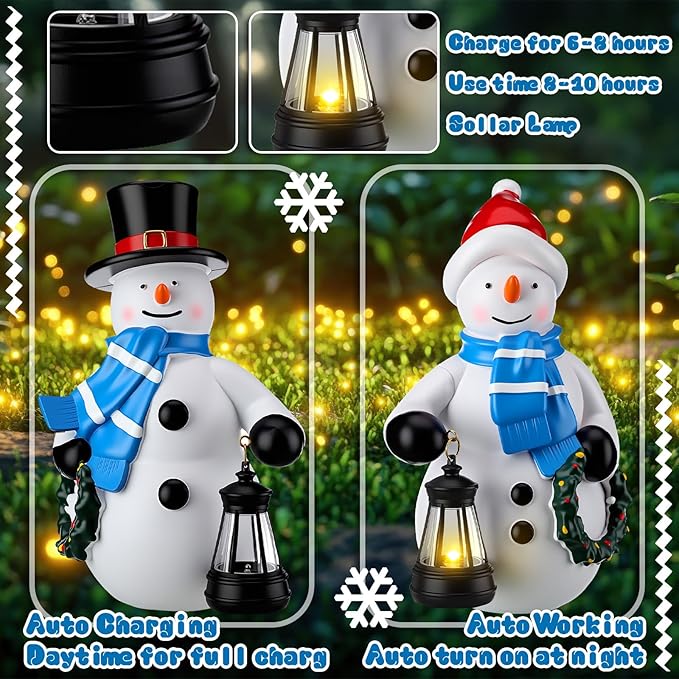 Suzile 2 Pack Solar Snowman Statue Winter Decoration 9.4 Inch Resin Garden Winter Statue with Lantern Lights Outside Snowman Figurine for Pathway Courtyard Lawn Patio Porch Indoor Home Decor