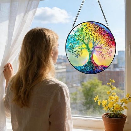 7.8 in Stained Glass Window Hanging, Rainbow Tree of Life Suncatcher for Home Decor, Handmade Decorative Ornament Boho Wall Art Ideal Gift for Mom Grandma Housewarming