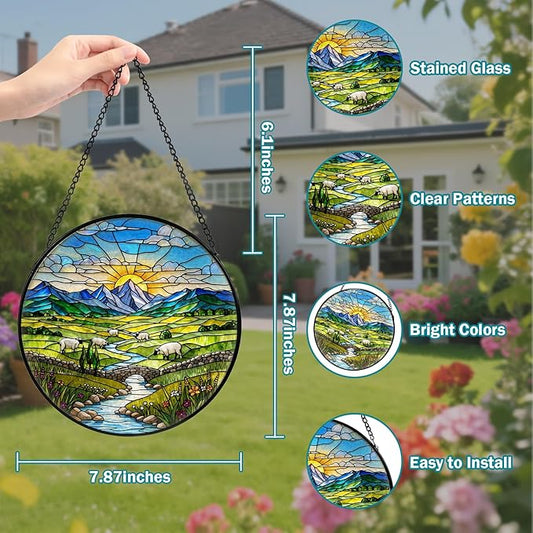 Green Irish Hills Stained Glass Window Hanging, Suncatcher for Window Hanging, Sun Catchers Indoor Windows Wall Art for Nature Lovers, Suncatcher for Home Garden Office 7.87 inches