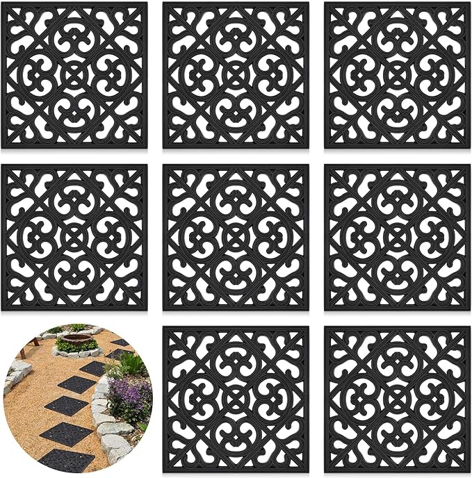Pangda 8 Pcs Rubber Stepping Stones Outdoor Garden Walkway, 12 x 12 Inch Heavy Duty Pathway Pavers Retro Decorative Stepping Stones for Outside Landscaping Yard Lawn Path(Black,Cross Square)