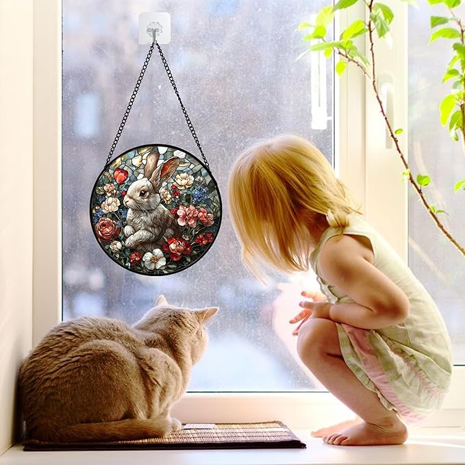 DASTOLL Stained Glass Window Hanging - Cute Rabbit Flowers Suncatcher Ready to Hang Window Doors Home Decoration, Christmas, Mother's Day Birthday Gifts for Women, Men, and Mom 15x15 in
