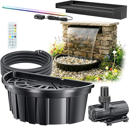 POPOSOAP 24inch Pond Waterfall Spillway with Filter Box & 1600GPH Pump, Self-Circulating Water Feature with LED Lights, Pondless Waterfall for Garden Backyard Courtyard Landscape Decoration-P7665