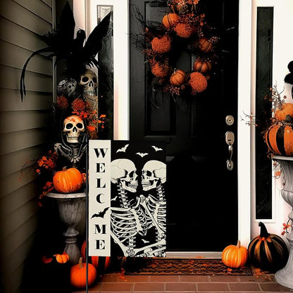 Halloween Welcome Skull Garden Flag Spooky Skeletons Funny Black White Yard Garden Flags Double Sided for Outside Fall Porch Patio Farmhouse Outdoor Decorations 12 x 18 Inch