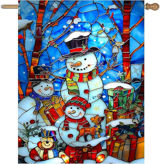Stained Glass Snowman House Flags 28 x 40 Double Sided Merry Christmas Garden Flag Hello Winter Yard Flag Happy Holidays Flag for Outside Welcome New Year Outdoor Flag Large