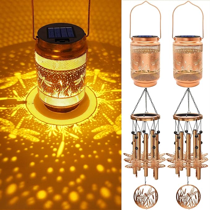 2 Pack Dragonfly Solar Wind Chimes for Outside, Gifts for Mothers Day Mom Women Grandma Birthday Memorial Teacher, 32" Windchimes Outdoor Decor Hanging Solar Lantern for Garden Porch Patio Backyard