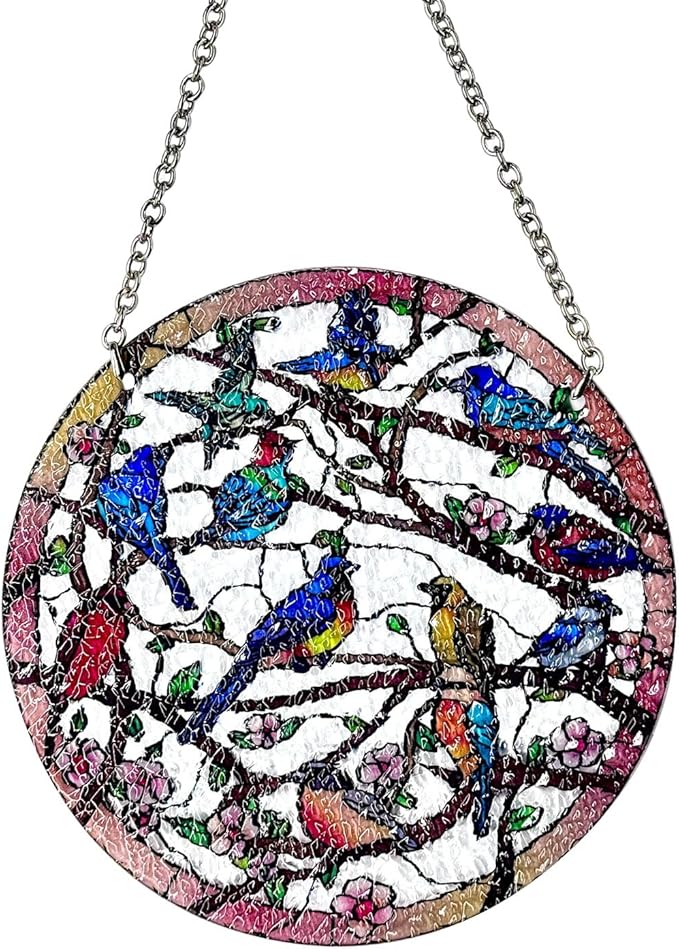 Birds and Flowers Hanging Stained Glass for Windows, Hand-Painted Sun Catcher Garden Hangings Christmas Mother's Day, Valentine's Day Ornaments Festival Gift (Small)