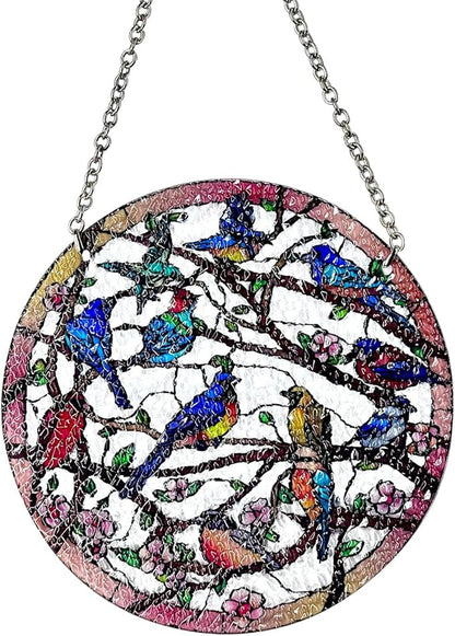 Birds and Flowers Hanging Stained Glass for Windows, Hand-Painted Sun Catcher Garden Hangings Christmas Mother's Day, Valentine's Day Ornaments Festival Gift (Small)