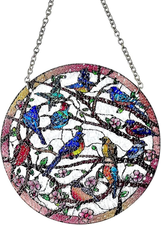 Birds and Flowers Hanging Stained Glass for Windows, Hand-Painted Sun Catcher Garden Hangings Christmas Mother's Day, Valentine's Day Ornaments Festival Gift (Small)