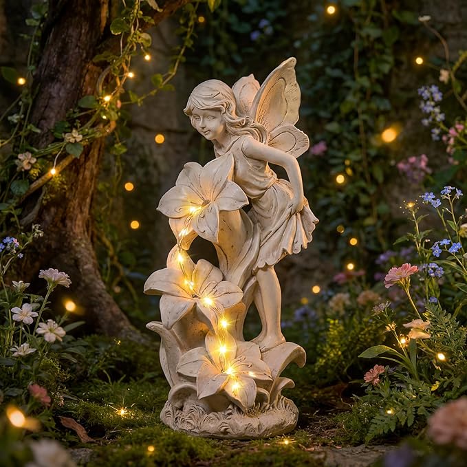 Angel Garden Statue Outdoor, Solar Powered Resin Garden Sculptures Fairy Angel Statues Waterproof LED Lights Yard Art Decorations for Outside Patio Lawn Ornament Gardening Gifts
