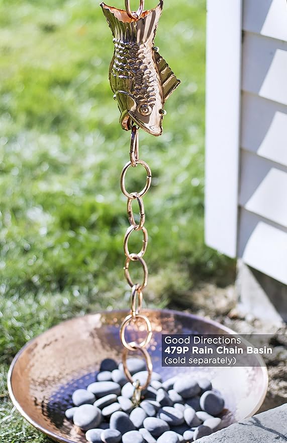 Good Directions 487P-8 Fish Rain Chain - 8.5 ft., with 4 Large Figures, Large Cups 100% Pure Copper
