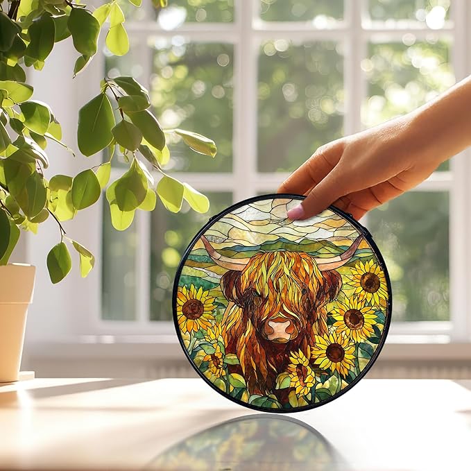 Highland Cow Decor, Sunflower Suncatchers Stained Glass Window Hanging, Western Highland Cow Flower Sun Catchers Indoor Window Glass Round Wall Decor 7.9x7.9in