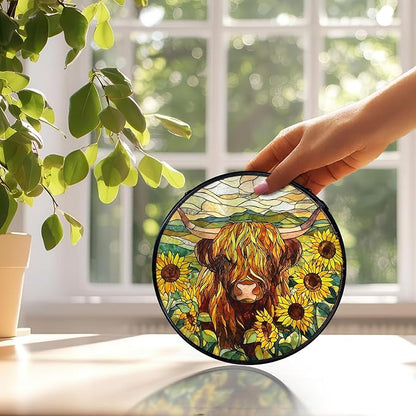 Highland Cow Decor, Sunflower Suncatchers Stained Glass Window Hanging, Western Highland Cow Flower Sun Catchers Indoor Window Glass Round Wall Decor 7.9x7.9in