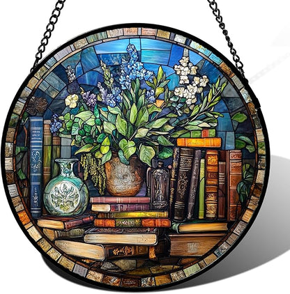 Stained Glass Window Hanging Teal Flower Vintage Books 9.8" - Blue Suncatcher Door Garden Sun Catcher Home Decor Birthday Christmas for Mom Men Woman Nana Friend
