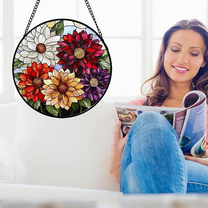 Stained Glass Window Hanging, Colorful Flowers Sun Catcher for Window Door Home Decor Plant Suncatcher Christmas Mother's Day Birthday Gifts for Women Men Mom and Nana 15 in