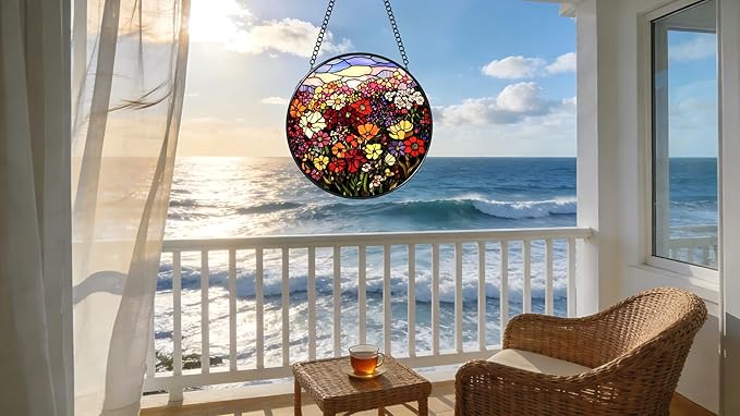 Stained Glass Window Hanging Ornament, Flowers and Green Leaves 6.3 Inches Suncatcher for Window Home Decor Bithday Christmas Monther's Day Gifts for Women Men and Mom