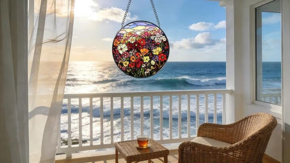 Stained Glass Window Hanging Ornament, Flowers and Green Leaves 6.3 Inches Suncatcher for Window Home Decor Bithday Christmas Monther's Day Gifts for Women Men and Mom