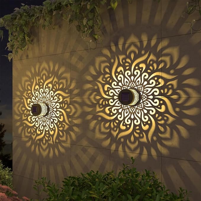 Decorative Solar Mandala Lights, Metal Solar Powered Waterproof Wall & Fence Lights for Garden, Patio, Backyard, Step & Post Decor with Mandala Design (2pcs,Warm Light)