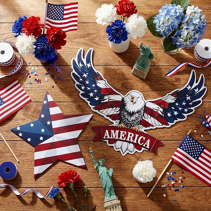 Silkfly 2pcs 4th of July Metal Decorations for Outdoor Patriotic Memorial Day Garden Yard Sign 250th Eagle Metal Blue Red Star Art Decor Outside Americana Garden Stake for Lawn Independence Day Gifts