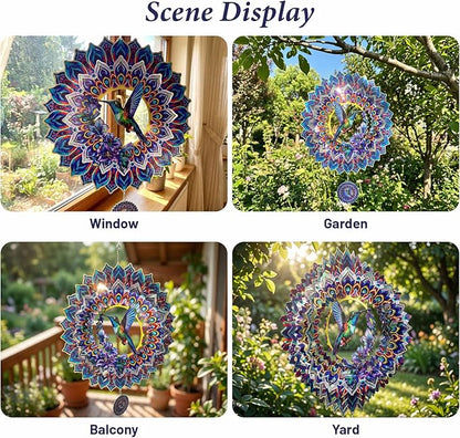Hummingbird Mandala Wind Spinner, IDEA SHOW 12In 3D Kinetic Metal Wind Spinners, Hummingbird Gift for Women, Mom, Garden & Yard Decor Outdoor/Indoor Decoration, Dynamic Art Hanging Sculpture (12In)