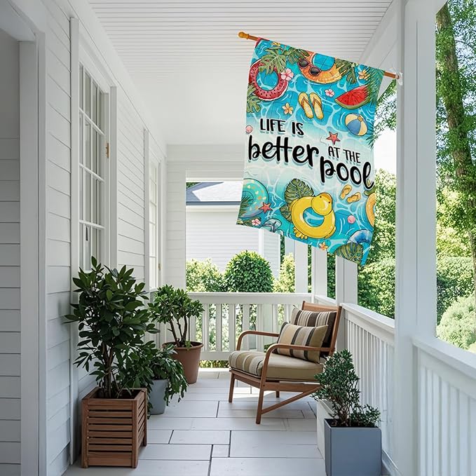 Summer House Flags for Outdoor Decoration, LIFE IS BETTER AT THE POOL Large Yard Flag, Seasonal Decorative Celebration Decor for Spring Farmhouse Holiday Outside 28x40 Inch Vertical Double Sided