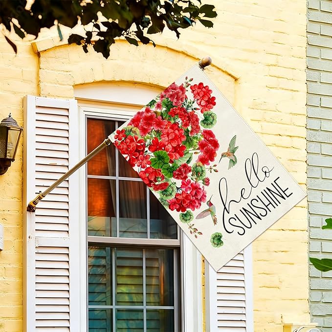 Baccessor Spring House Flag 28 x 40 Inch, Red Geranium Floral Double Sided Burlap Welcome Large Yard Flag Seasonal Holiday Lawn Proch Outdoor Outside Decor