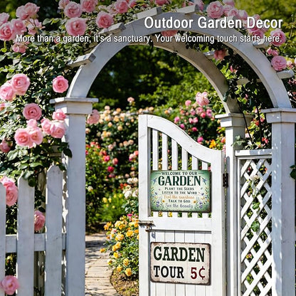 Garden Signs Garden Decor for Outside - Welcome To Our Garden Tin Sign, Vintage Gardening Signs Gifts for Plant Lovers Women Gardeners 12x8 Inch