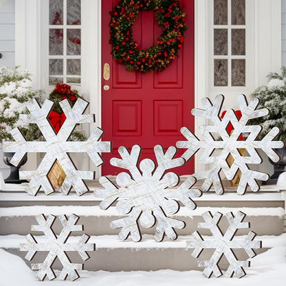 Yuntau 5 Pcs Large Winter Rustic Wooden Snowflake Decorations - Christmas Snowflakes Porch Standing Xmas Yard Signs for Front Door Garden Yard Patio