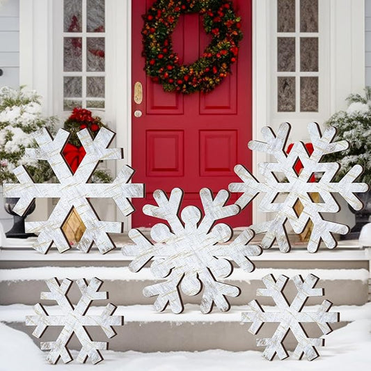 Yuntau 5 Pcs Large Winter Rustic Wooden Snowflake Decorations - Christmas Snowflakes Porch Standing Xmas Yard Signs for Front Door Garden Yard Patio