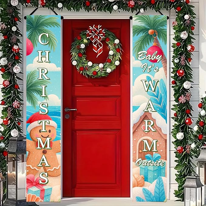BlissYard Tropical Christmas Porch Banners 12x71 Inch Merry Christmas Door Banner Beach Gingerbread Man House Poinsettia Decor Xmas Welcome Hanging Signs Warm Weather Holiday Home Decor for Front Door Party Outdoor Decoration