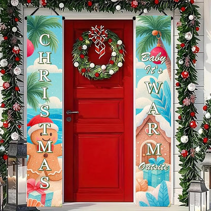 BlissYard Tropical Christmas Porch Banners 12x71 Inch Merry Christmas Door Banner Beach Gingerbread Man House Poinsettia Decor Xmas Welcome Hanging Signs Warm Weather Holiday Home Decor for Front Door Party Outdoor Decoration