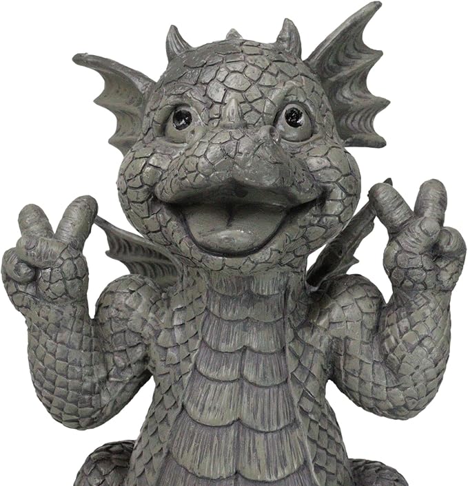 Ebros Whimsical Garden Dragon with Hippie Peace Sign Gesture Statue 10.5" Tall Cute Baby Dragonling Smiling Wide Faux Stone Resin Finish Figurine Home Decor Sculpture