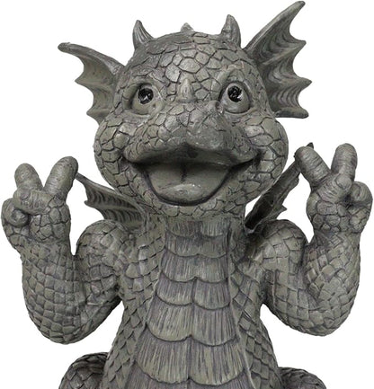 Ebros Whimsical Garden Dragon with Hippie Peace Sign Gesture Statue 10.5" Tall Cute Baby Dragonling Smiling Wide Faux Stone Resin Finish Figurine Home Decor Sculpture