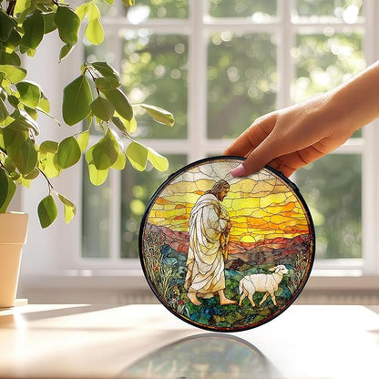 Christian Gifts for Women, Easter Jesus and Lamb Christian Suncatchers Stained Glass Window Hanging, Jesus Religious Sun Catchers Indoor Window Glass Round Wall Decor, 7.9x7.9in