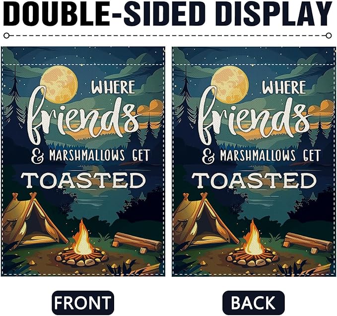 Dyrenson Camping Friends Decorative Garden Flag, Camper Tent Forest Night Lake House Adventure Yard Outside Home Decoration, Campsite Campfire Outdoor Small Decor Double Sided 12 x 18