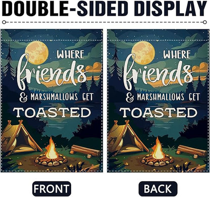 Dyrenson Camping Friends Decorative Garden Flag, Camper Tent Forest Night Lake House Adventure Yard Outside Home Decoration, Campsite Campfire Outdoor Small Decor Double Sided 12 x 18