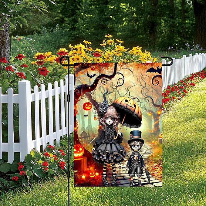 BlissYard Halloween Horror Garden Flag 12x18 Inch Gothic Doll Pumpkin Umbrella Skull Boy Flag Outdoor Yard Decoration House Banner Porch Lawn Patio Home Decor