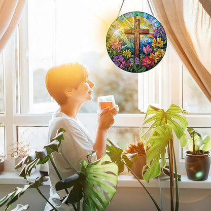 Bimkole Cross Stained Glass Suncatcher Window Hanging - Flowers Indoor Window or Doorway Decoration - Handmade Sun Catcher Decor for Garden Home Christmas & Birthday Gifts 7.87x7.87 Inch
